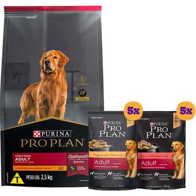 Kit Pro Plan Ração Seca Frango e Rações Úmidas com 5 Carne e 5 Frango Cães Adultos Porte Médio - 10 Sachês + 2,5 Kg