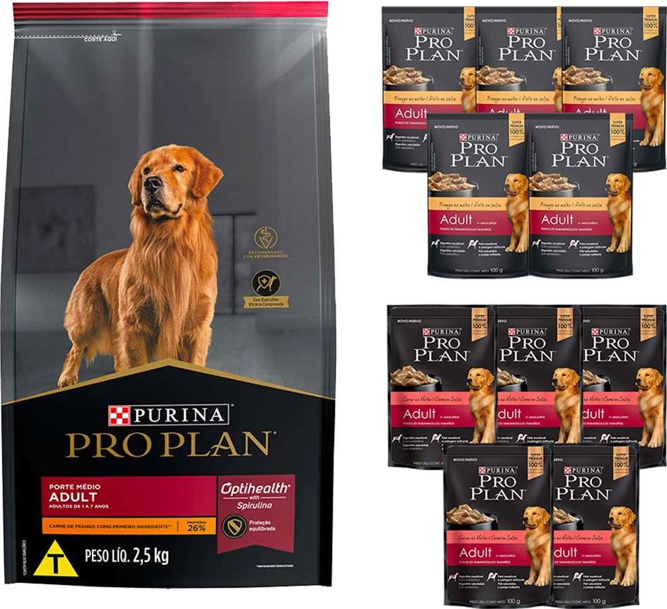 Kit Pro Plan Ração Seca Frango e Rações Úmidas com 5 Carne e 5 Frango Cães Adultos Porte Médio 10 Sachês + 2,5Kg - 10 Sachês + 2,5Kg