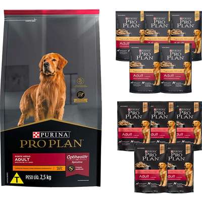 Kit Pro Plan Ração Seca Frango e Rações Úmidas com 5 Carne e 5 Frango Cães Adultos Porte Médio - 10 Sachês + 2,5 Kg