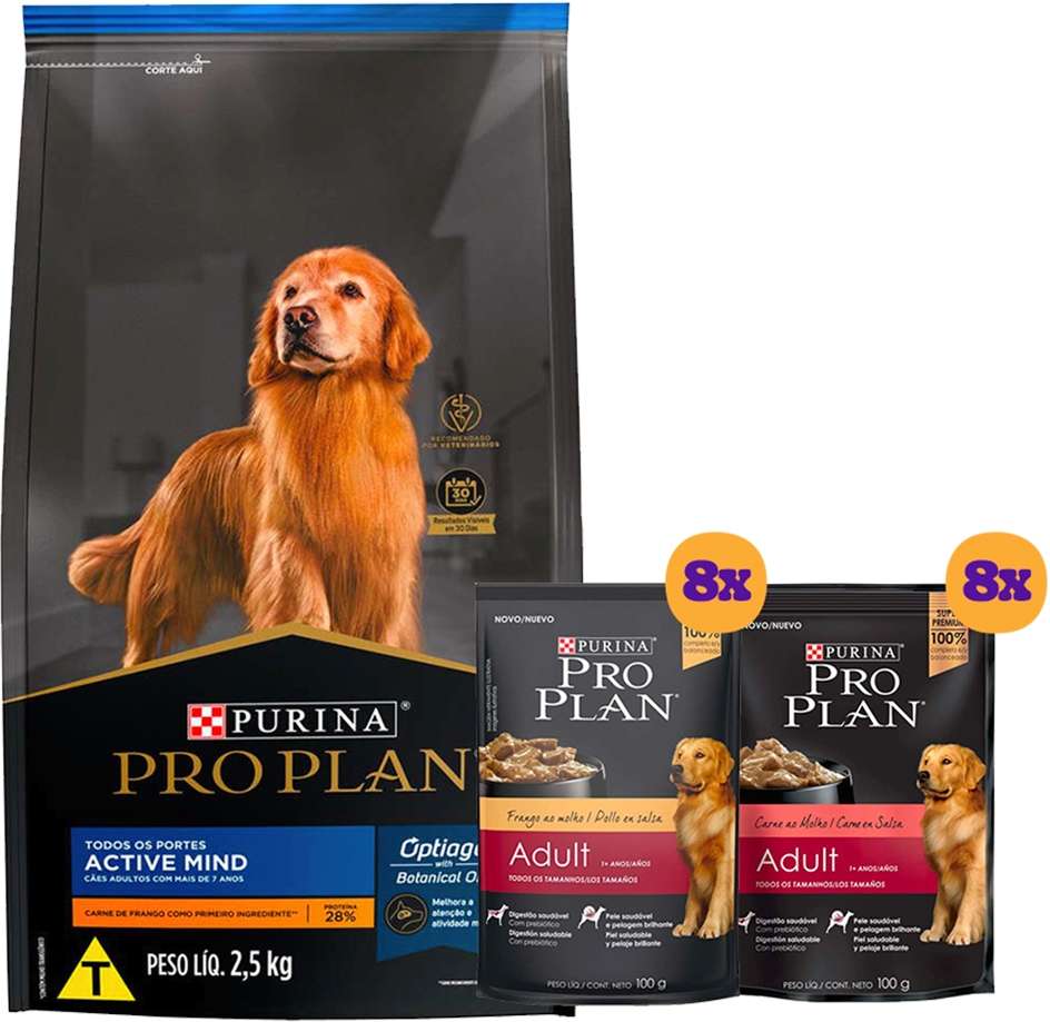 Kit Pro Plan Ração Seca Frango e Rações Úmidas com 8 Carne e 8 Frango Cães Adultos 16 Sachês + 7,5Kg - 16 Sachês + 7,5Kg