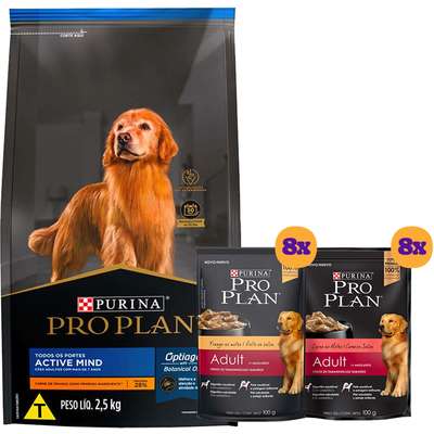 Kit Pro Plan Ração Seca Frango e Rações Úmidas com 8 Carne e 8 Frango Cães Adultos - 16 Sachês + 7,5 Kg