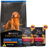 Kit Pro Plan Ração Seca Frango e Rações Úmidas com 8 Carne e 8 Frango Cães Adultos - 16 Sachês + 7,5Kg