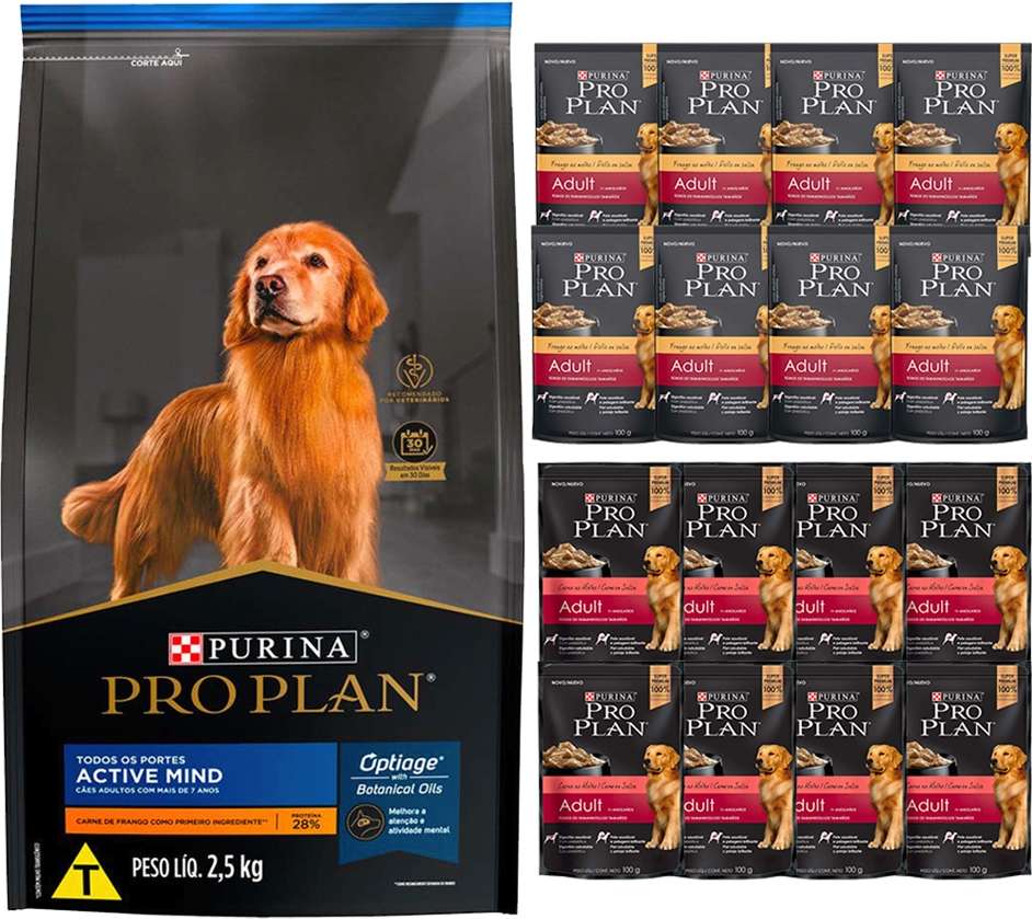 Kit Pro Plan Ração Seca Frango e Rações Úmidas com 8 Carne e 8 Frango Cães Adultos 16 Sachês + 7,5Kg - 16 Sachês + 7,5Kg