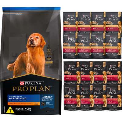 Kit Pro Plan Ração Seca Frango e Rações Úmidas com 8 Carne e 8 Frango Cães Adultos - 16 Sachês + 7,5 Kg