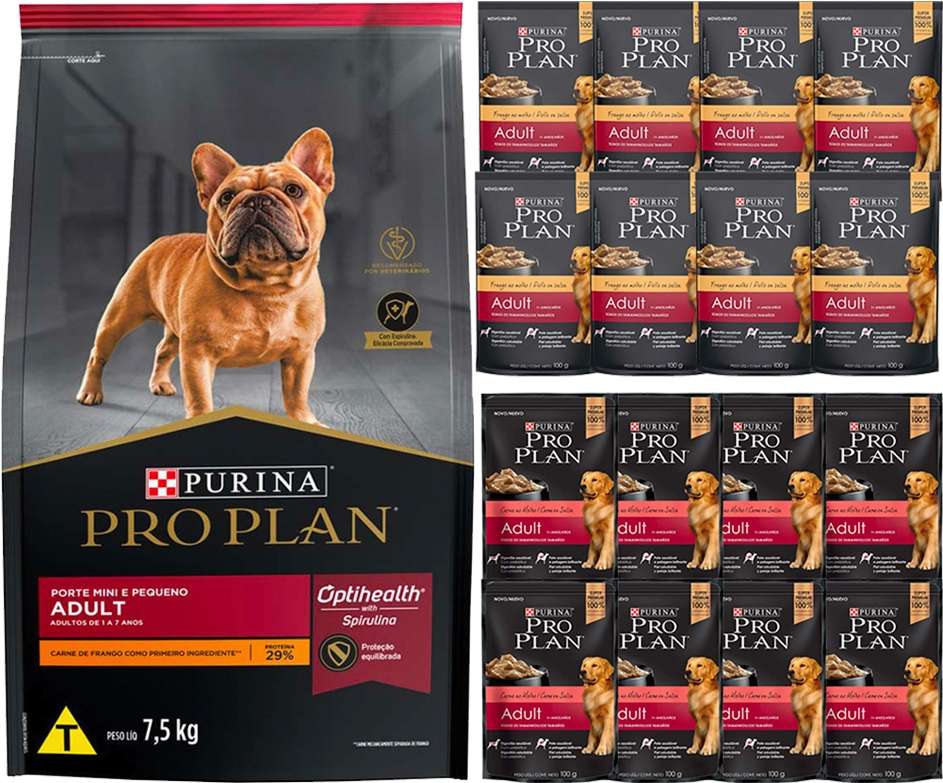Kit Pro Plan Ração Seca Frango e Rações Úmidas com 8 Carne e 8 Frango Cães Adultos Porte Pequeno 16 Sachês + 7,5Kg - 16 Sachês + 7,5Kg