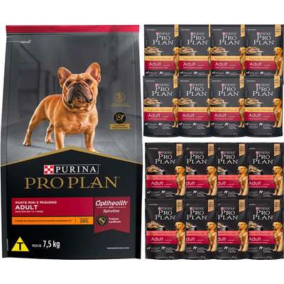 Kit Pro Plan Ração Seca Frango e Rações Úmidas com 5 Carne e 5 Frango Cães Adultos Porte Pequeno - 16 Sachês + 7,5 Kg
