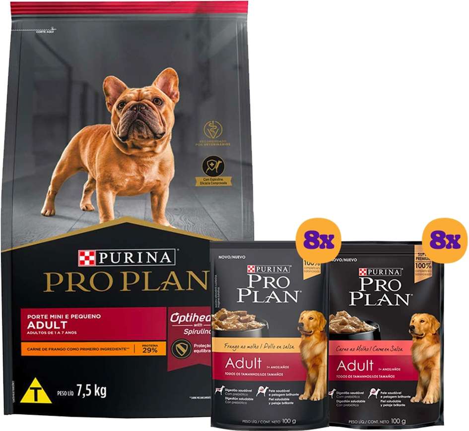 Kit Pro Plan Ração Seca Frango e Rações Úmidas com 8 Carne e 8 Frango Cães Adultos Porte Pequeno 16 Sachês + 7,5Kg - 16 Sachês + 7,5Kg