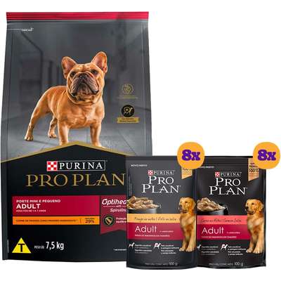 Kit Pro Plan Ração Seca Frango e Rações Úmidas com 5 Carne e 5 Frango Cães Adultos Porte Pequeno - 16 Sachês + 7,5 Kg