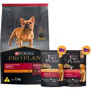 Kit Pro Plan Ração Seca Frango e Rações Úmidas com 8 Carne e 8 Frango Cães Adultos Porte Pequeno - 16 Sachês + 7,5Kg