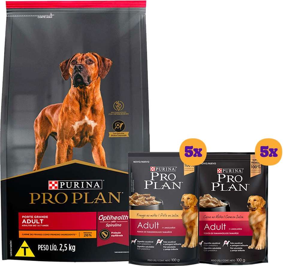 Kit Pro Plan Ração Seca Frango e Rações Úmidas com 5 Carne e 5 Frango Cães Adultos Porte Grande 10 Sachês + 2,5Kg - 10 Sachês + 2,5Kg