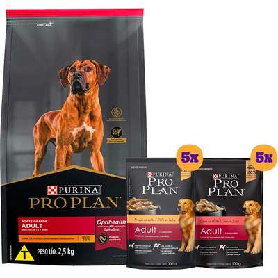 Kit Pro Plan Ração Seca Frango e Rações Úmidas com 5 Carne e 5 Frango Cães Adultos Porte Grande - 10 Sachês + 2,5 Kg