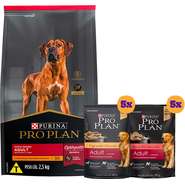 Kit Pro Plan Ração Seca Frango e Rações Úmidas com 5 Carne e 5 Frango Cães Adultos Porte Grande - 10 Sachês + 2,5Kg