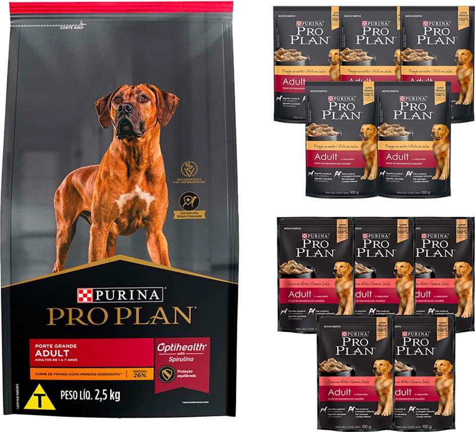 Kit Pro Plan Ração Seca Frango e Rações Úmidas com 5 Carne e 5 Frango Cães Adultos Porte Grande 10 Sachês + 2,5Kg - 10 Sachês + 2,5Kg