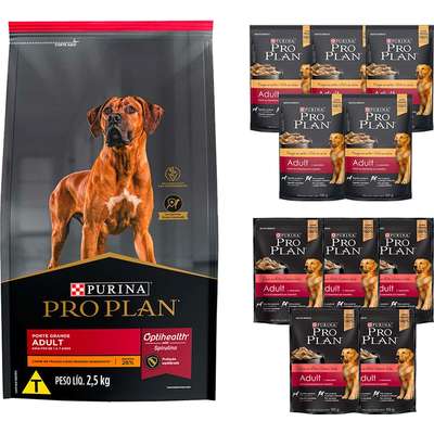Kit Pro Plan Ração Seca Frango e Rações Úmidas com 5 Carne e 5 Frango Cães Adultos Porte Grande - 10 Sachês + 2,5 Kg