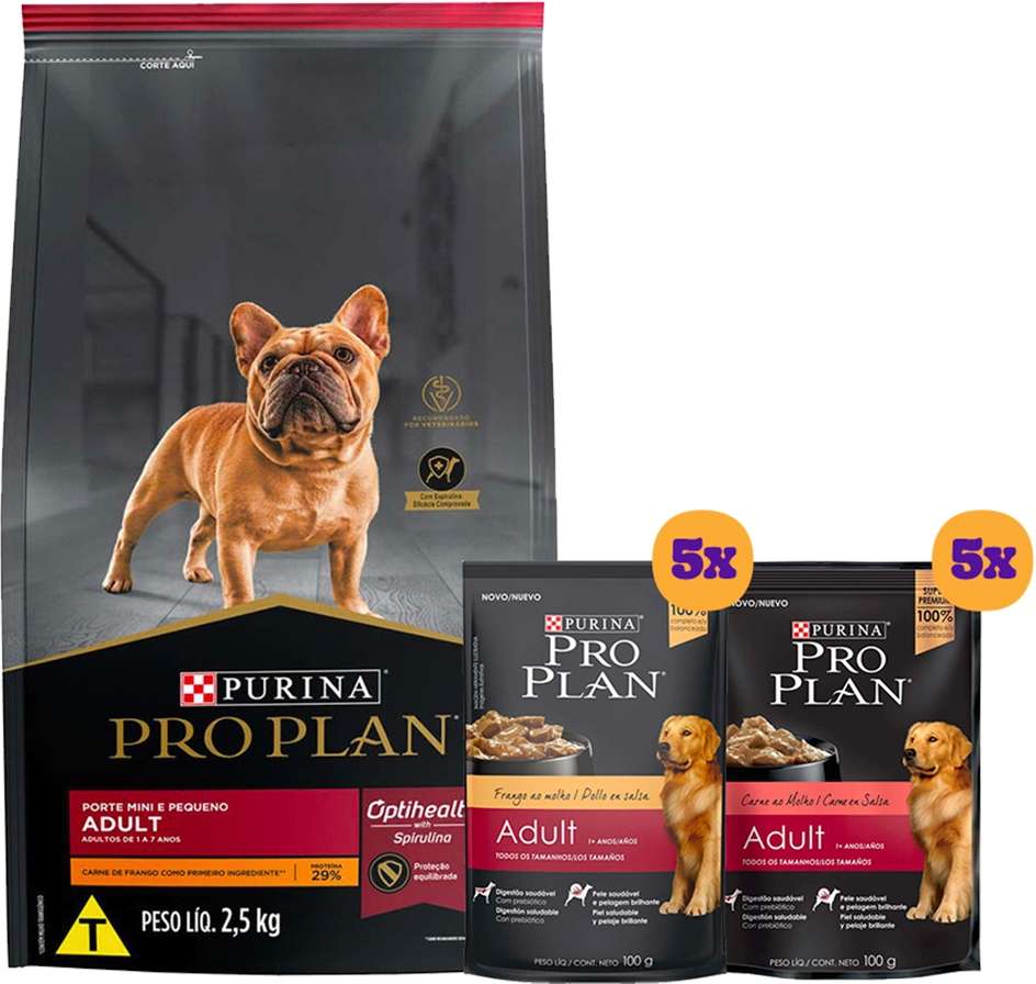 Kit Pro Plan Ração Seca Frango e Rações Úmidas com 5 Carne e 5 Frango Cães Adultos Porte Pequeno 10 Sachês + 2,5Kg - 10 Sachês + 2,5Kg