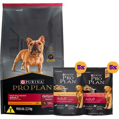 Kit Pro Plan Ração Seca Frango e Rações Úmidas com 5 Carne e 5 Frango Cães Adultos Porte Pequeno - 10 Sachês + 2,5 Kg