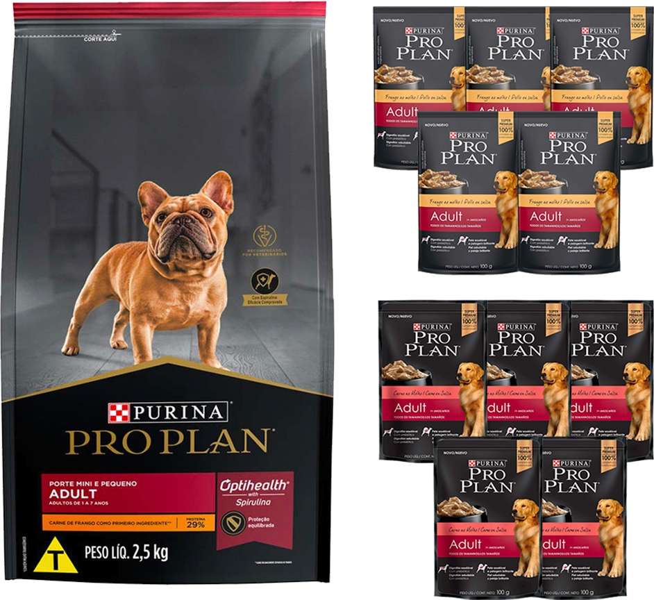 Kit Pro Plan Ração Seca Frango e Rações Úmidas com 5 Carne e 5 Frango Cães Adultos Porte Pequeno 10 Sachês + 2,5Kg - 10 Sachês + 2,5Kg