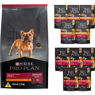 Kit Pro Plan Ração Seca Frango e Rações Úmidas com 5 Carne e 5 Frango Cães Adultos Porte Pequeno - 10 Sachês + 2,5 Kg
