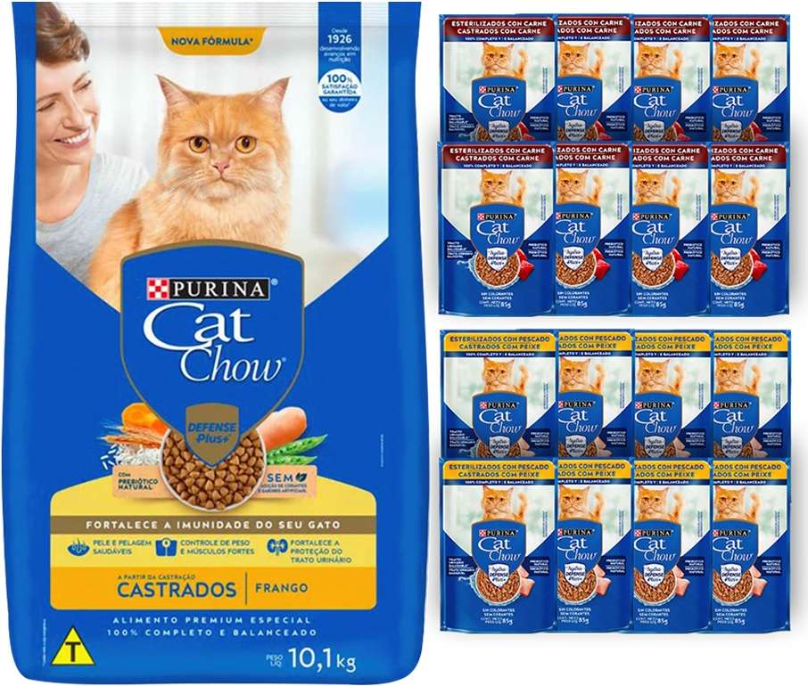 Kit Cat Chow Ração Seca Frango e Rações Úmidas com 8 Carne e 8 Peixe Gatos Castrados 16 Saches + 10,1Kg - 16 Saches + 10,1Kg
