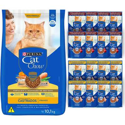 Kit Cat Chow Ração Seca Frango e Rações Úmidas com 8 Carne e 8 Peixe Gatos Castrados - 16 Saches + 10,1 Kg