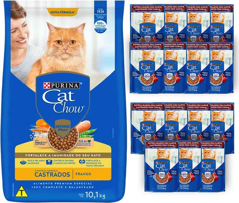 Kit Cat Chow Ração Seca Frango e Rações Úmidas com 15 Carne Gatos Castrados 15 Saches + 10,1Kg - 15 Saches + 10,1Kg