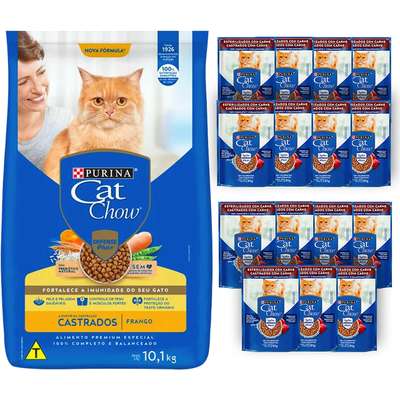 Kit Cat Chow Ração Seca Frango e Rações Úmidas com 15 Carne Gatos Castrados - 15 Saches + 10,1 Kg