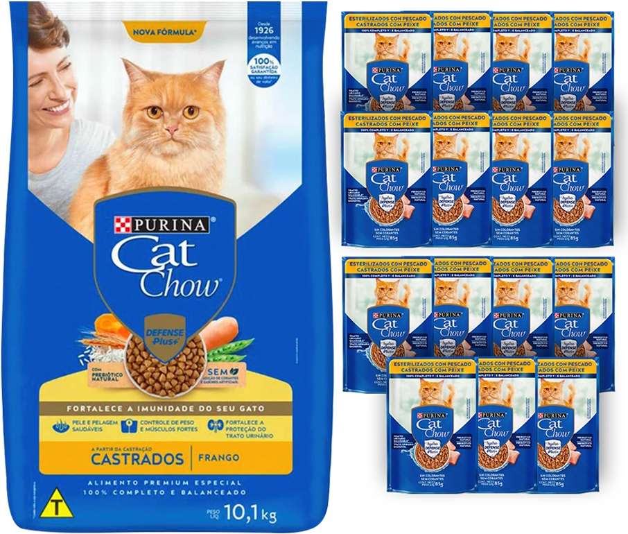 Kit Cat Chow Ração Seca Frango e Rações Úmidas com 15 Peixe Gatos Castrados 15 Saches + 10,1Kg - 15 Saches + 10,1Kg
