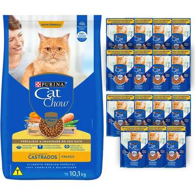 Kit Cat Chow Ração Seca Frango e Rações Úmidas com 15 Peixe Gatos Castrados - 15 Saches + 10,1 Kg