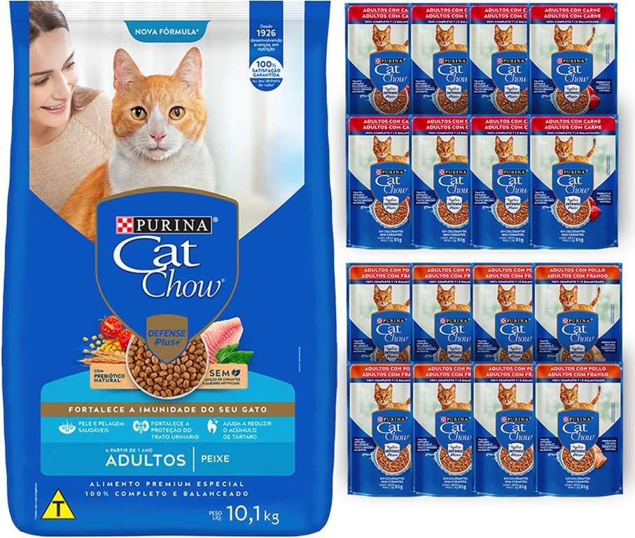 Kit Cat Chow Ração Seca Peixe e Rações Úmidas com 8 Carne , 8 Frango Gatos Adultos 16 Saches + 10,1Kg - 16 Saches + 10,1Kg