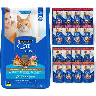 Kit Cat Chow Ração Seca Peixe e Rações Úmidas com 8 Carne , 8 Frango Gatos Adultos - 16 Saches + 10,1 Kg
