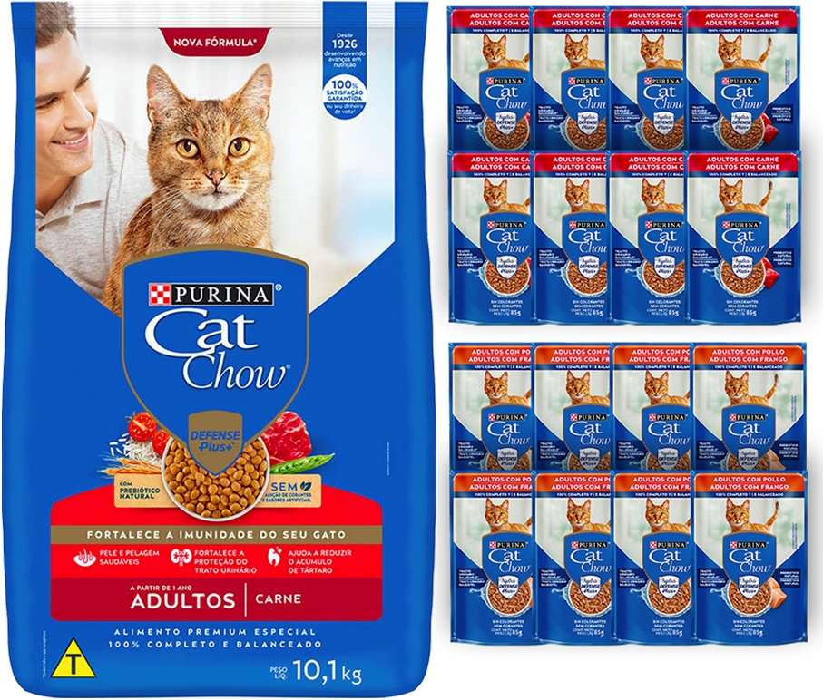 Kit Cat Chow Ração Seca Carne e Rações Úmidas com 8 Carne , 8 Frango Gatos Adultos 16 Saches + 10,1Kg - 16 Saches + 10,1Kg
