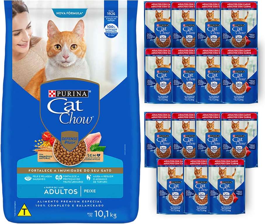 Kit Cat Chow Ração Seca Peixe e Rações Úmidas com 15 Carne Gatos Adultos 15 Saches + 10,1Kg - 15 Saches + 10,1Kg