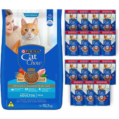 Kit Cat Chow Ração Seca Peixe e Rações Úmidas com 15 Carne Gatos Adultos - 15 Saches + 10,1 Kg