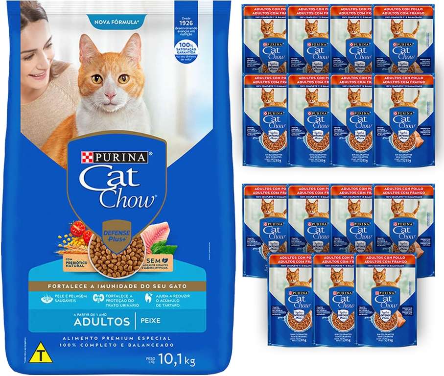 Kit Cat Chow Ração Seca Peixe e Rações Úmidas com 15 Frango Gatos Adultos 15 Saches + 10,1Kg - 15 Saches + 10,1Kg