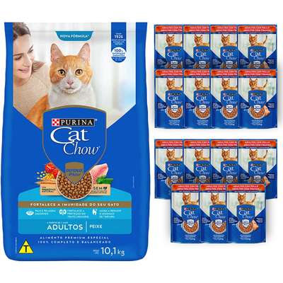 Kit Cat Chow Ração Seca Peixe e Rações Úmidas com 15 Frango Gatos Adultos - 15 Saches + 10,1 Kg