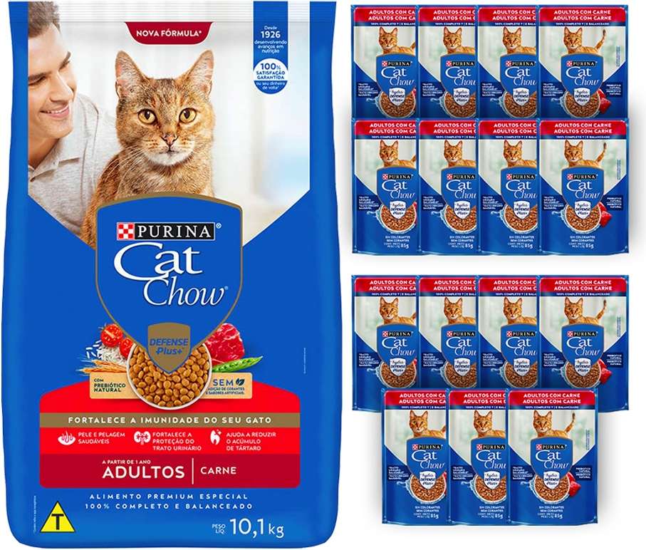 Kit Cat Chow Ração Seca Defense Plus Carne e Rações Úmidas com 15 Carne Gatos Adultos 15 Saches + 10,1Kg - 15 Saches + 10,1Kg