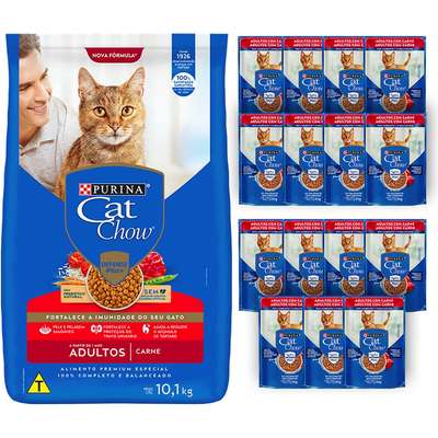 Kit Cat Chow Ração Seca Defense Plus Carne e Rações Úmidas com 15 Carne Gatos Adultos - 15 Saches + 10,1 Kg