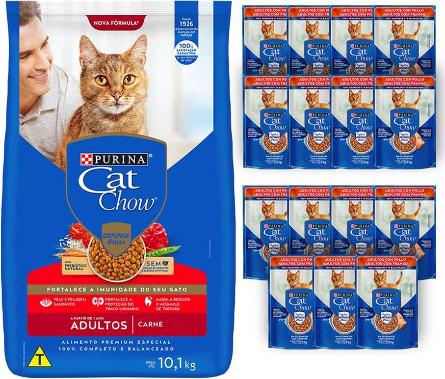 Kit Cat Chow Ração Seca Defense Plus Carne e Rações Úmidas com 15 Frango Gatos Adultos 15 Saches + 10,1Kg - 15 Saches + 10,1Kg