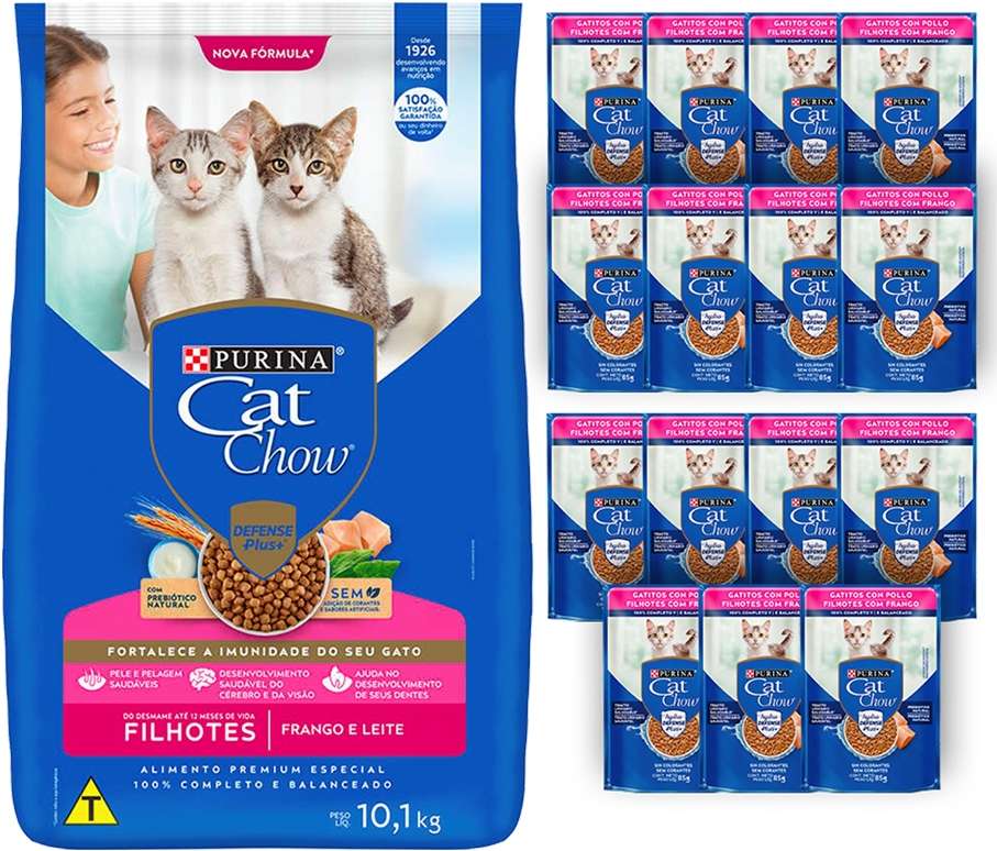 Kit Cat Chow Ração Seca Frango e Leite e Rações Úmidas com 15 Frango Gatos Filhotes 15 Saches + 10,1Kg - 15 Saches + 10,1Kg
