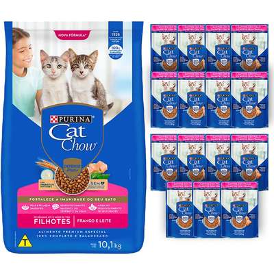 Kit Cat Chow Ração Seca Frango e Leite e Rações Úmidas com 15 Frango Gatos Filhotes - 15 Saches + 10,1 Kg