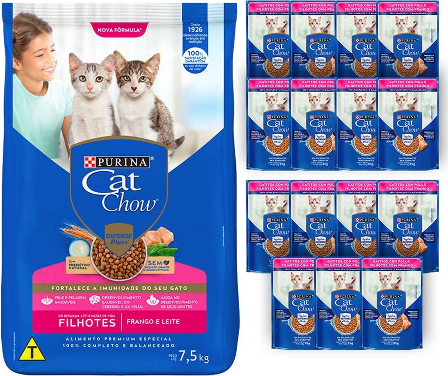 Kit Cat Chow Ração Seca Frango e Leite e Rações Úmidas com 15 Frango Gatos Filhotes 15 Saches + 7,5Kg - 15 Saches + 7,5Kg