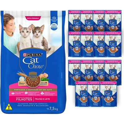 Kit Cat Chow Ração Seca Frango e Leite e Rações Úmidas com 15 Frango Gatos Filhotes - 15 Saches + 7,5 Kg