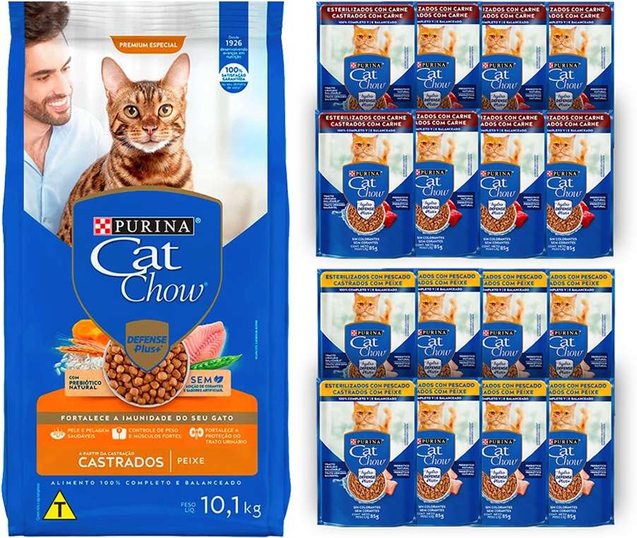 Kit Cat Chow Ração Seca Peixe e Rações Úmidas com 8 Carne e 8 Peixe Gatos Castrados 16 Saches + 10,1Kg - 16 Saches + 10,1Kg