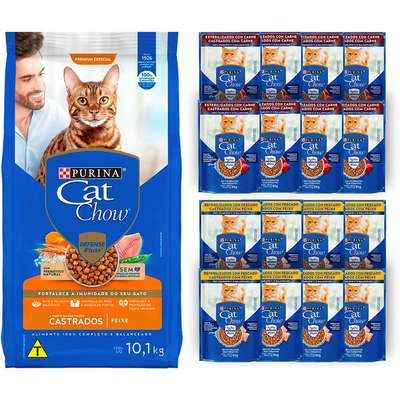 Kit Cat Chow Ração Seca Peixe e Rações Úmidas com 8 Carne e 8 Peixe Gatos Castrados - 16 Saches + 10,1 Kg