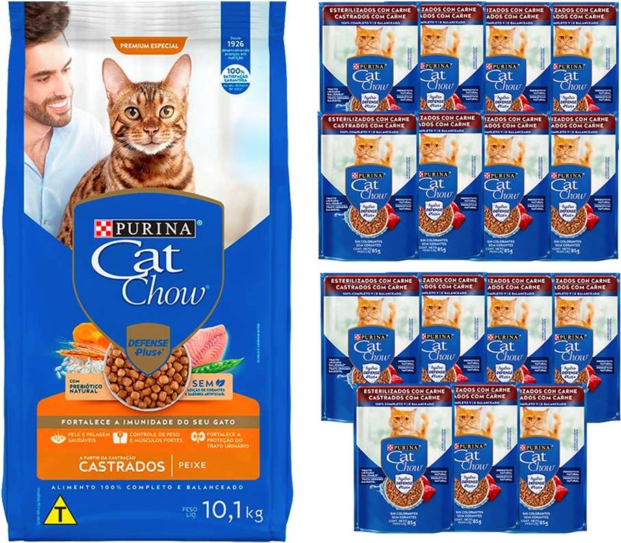 Kit Cat Chow Ração Seca Peixe e Rações Úmidas com 15 Carne Gatos Castrados 15 Saches + 10,1Kg - 15 Saches + 10,1Kg