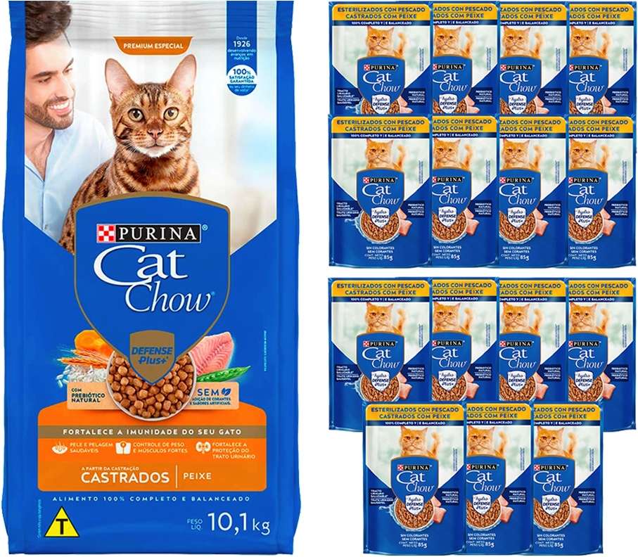 Kit Cat Chow Ração Seca Peixe e Rações Úmidas com 15 Peixe Gatos Castrados 15 Saches + 10,1Kg - 15 Saches + 10,1Kg