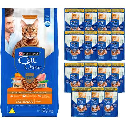 Kit Cat Chow Ração Seca Peixe e Rações Úmidas com 15 Peixe Gatos Cadastrados - 15 Saches + 10,1 Kg