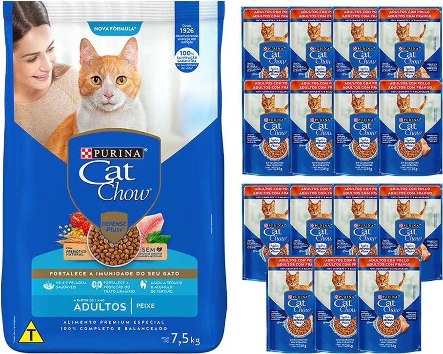 Kit Cat Chow Ração Seca Defense Plus Peixe e Rações Úmidas com 15 Carne Gatos Adultos 15 Saches + 7,5Kg - 15 Saches + 7,5Kg