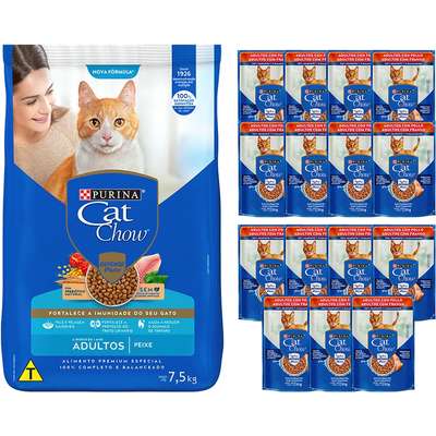 Kit Cat Chow Ração Seca Defense Plus Peixe e Rações Úmidas com 15 Carne Gatos Adultos - 15 Saches + 7,5 Kg