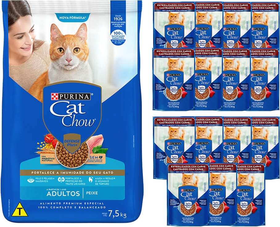 Kit Cat Chow Ração Seca Defense Plus Carne e Rações Úmidas com 15 Carne Gatos Adultos 15 Saches + 7,5Kg - 15 Saches + 7,5Kg